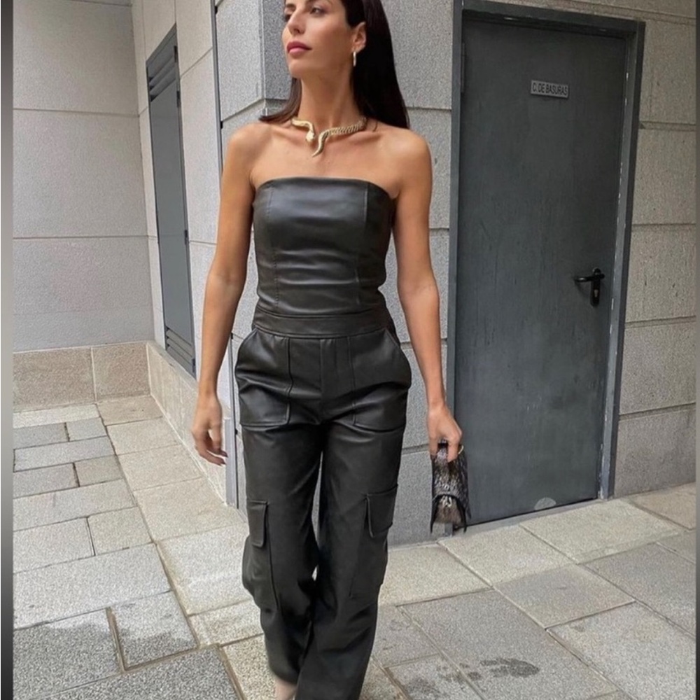 NWT Zara Strapless Dark Brown Faux Leather Long Jumpsuit, Small